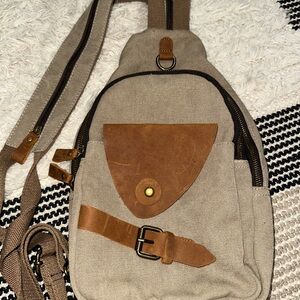 KL928 Canvas Backpack Khaki Sling Outdoor Travel Rucksack Zipper Straps